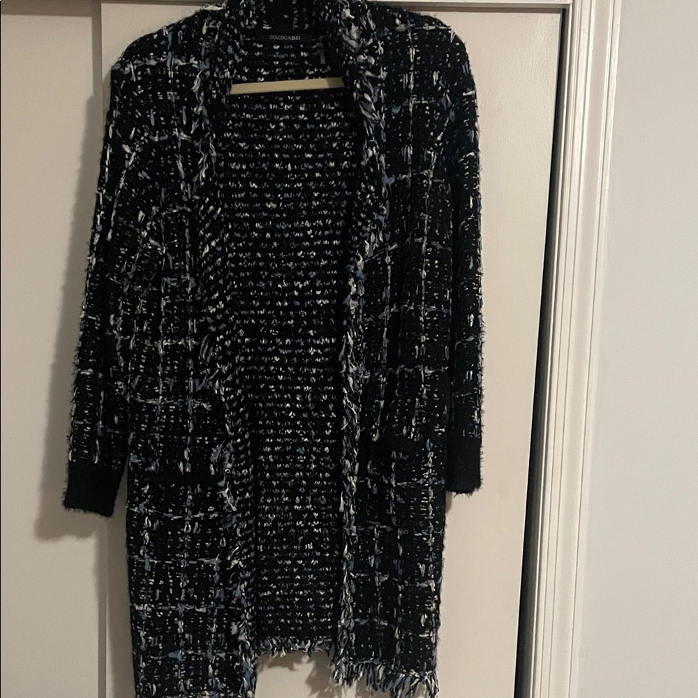 Dolce Cabo Black and White and blue Textured Cardigan with fringed edges.
